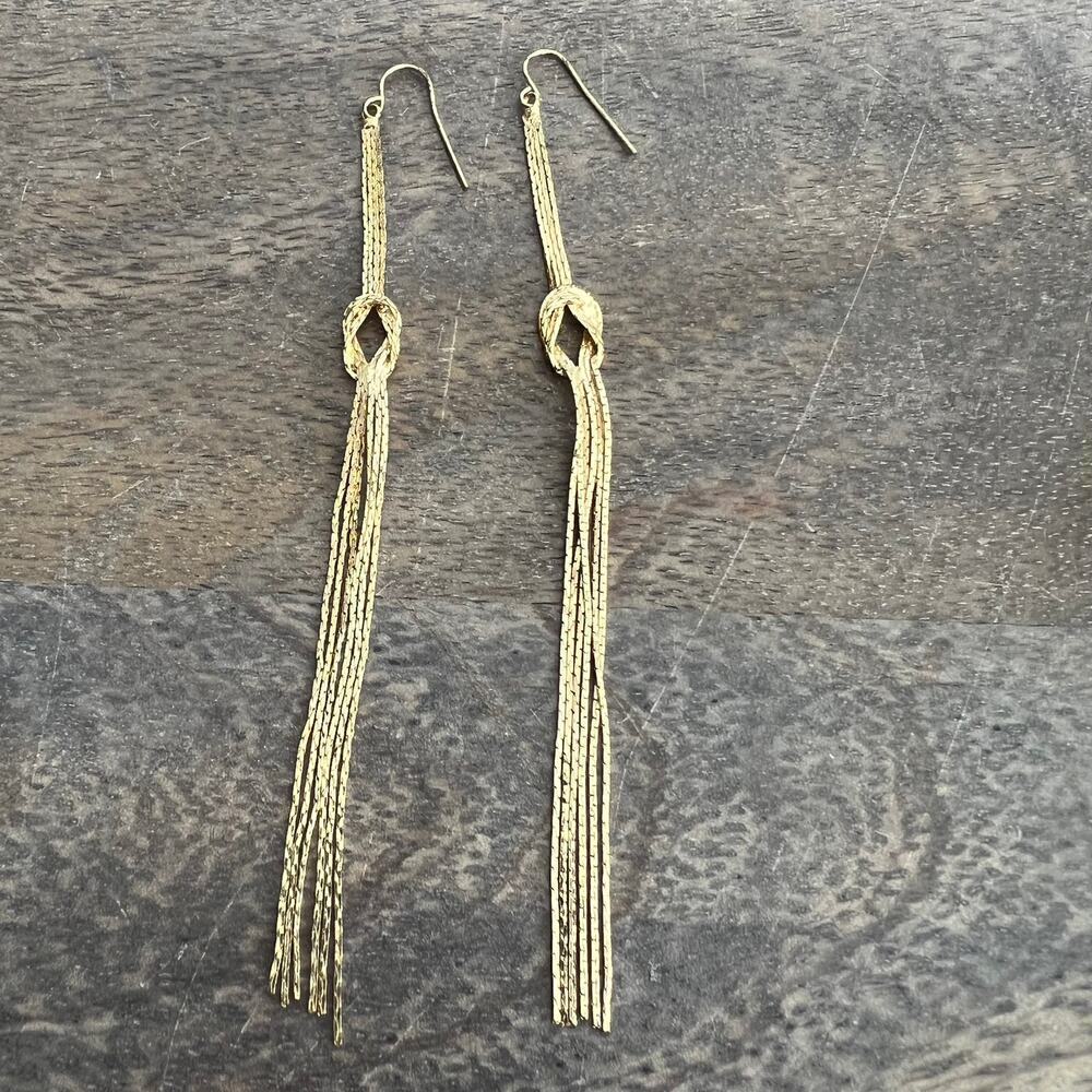 Gold Tone Metallic Chain Fringe Long Chic Trendy Dangle Drop Earrings